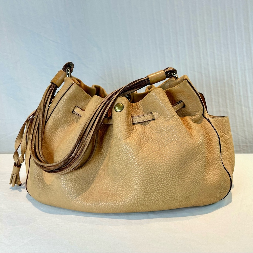 Kate Spade Vintage Camel Tan Drawstring Leather Hobo Shoulder Bag w Tassels